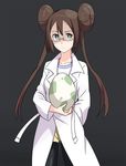  bespectacled blue_eyes brown_hair closed_labcoat double_bun egg glasses hyakuen_raitaa labcoat long_hair mei_(pokemon) pantyhose pokemon pokemon_(game) pokemon_bw2 pokewood shorts solo twintails 