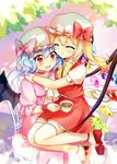 ascot bad_id bad_pixiv_id bat_wings blonde_hair blue_hair bow chair closed_eyes cup dress flandre_scarlet hat hat_bow hug mob_cap multiple_girls open_mouth pink_dress plate puffy_sleeves red_eyes remilia_scarlet sakuro shirt short_sleeves siblings side_ponytail sisters sitting sitting_on_lap sitting_on_person skirt skirt_set smile table teacup touhou vest wings wrist_cuffs 