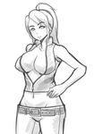  belt breasts casual deeezel greyscale groin hand_on_hip large_breasts long_hair midriff monochrome no_bra pants ponytail sarah_bryant sideboob sleeveless smile solo unzipped virtua_fighter 