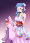  blue_hair cum dragon_quest dragon_quest_v dress dress_lift ejaculation finger_to_face flora futanari gekka_kaguya_(urabata) half_updo handsfree_ejaculation huge_penis long_hair naughty_face open_mouth penis pinky_out skirt skirt_lift solo 