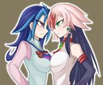  2girls bare_shoulders blue_hair breast_press breasts earrings female green_eyes hair_tubes jewelry kamishiro_rio long_hair looking_at_another luna_(yuu-gi-ou_zexal) multicolored_hair multiple_girls red_eyes symmetrical_docking tsurime tsurugi_(lear3617) yu-gi-oh! yuu-gi-ou_zexal 