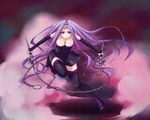  breasts bridal_gauntlets chain cleavage facial_mark fate/stay_night fate_(series) fog forehead_mark large_breasts long_hair looking_at_viewer nameless_dagger open_mouth purple_eyes purple_hair rider skirt solo thighhighs weapon yoshida_(marigan12) zettai_ryouiki 