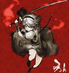  attack bad_id bad_pixiv_id banned_artist faux_traditional_media hairband katana konpaku_youmu kozou_(soumuden) looking_at_viewer red_background red_eyes short_hair sketch skirt solo sword touhou weapon 