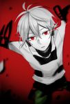  glowing glowing_eyes highres kagerou_project konoha_(kagerou_project) male_focus ponytail red_background red_eyes ripping saree_m solo white_hair 