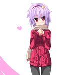  black_legwear blush_stickers closed_mouth dress hairband hands_on_own_chest heart impossible_clothes komeiji_satori looking_at_viewer pants pantyhose pink_sweater purple_hair red_eyes sakamina scarf short_hair solo standing sweater sweater_dress tight tight_pants touhou 