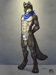  abs anthro balls biceps brown_fur canine claws digitigrade dog fangs flaccid fur grin hair hindpaw looking_at_viewer male mammal muscles neckerchief nude paws pecs penis pose sheath smile solo standing teeth toe_claws toned tsaiwolf 