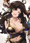  1girl ^_^ absurdres ahoge augusta_(granblue_fantasy) black_gloves black_hair blush breasts cleavage closed_eyes collarbone draph eyes_closed gloves granblue_fantasy hair_ornament highres horns large_breasts long_hair maou_(maoudaisukiya) navel open_mouth pointy_ears smile solo 