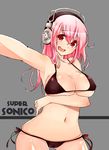  bad_id bad_pixiv_id bikini black_bikini breast_hold breasts guiyu_(cindy) headphones large_breasts long_hair looking_at_viewer navel nitroplus open_mouth pink_hair reaching_out red_eyes self_shot smile solo super_sonico swimsuit 