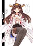  ;) ahoge bare_shoulders blush boots brown_hair cup detached_sleeves hair_ornament hairband headgear japanese_clothes kantai_collection kongou_(kantai_collection) kouzuki_hajime long_hair one_eye_closed saucer sketch skirt smile solo teacup thigh_boots thighhighs 