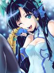  black_hair black_legwear blue_eyes blurry bokeh breasts china_dress chinese_clothes depth_of_field dragon_girl dress fingerless_gloves gloves hair_ornament hairpin head_fins highres horns ishiyumi karin_(p&amp;d) long_hair medium_breasts one_eye_closed open_mouth puzzle_&amp;_dragons smile 