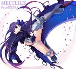  armor armored_boots ashita_(2010) ass bad_id bad_pixiv_id boots claws crotch_plate fate/extra fate/extra_ccc fate_(series) hair_ribbon kicking long_hair meltlilith petals purple_eyes purple_hair ribbon solo thigh_boots thighhighs very_long_hair 