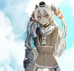  amatsukaze_(kantai_collection) bad_id bad_pixiv_id blue_sky blush cloud foro_(planet_cage) garter_straps gloves kantai_collection long_hair looking_at_viewer rensouhou-kun school_uniform serafuku silver_hair single_glove sky smile two_side_up yellow_eyes 