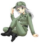  adjusting_clothes adjusting_hat boots brown_eyes combat_boots ebifly hat long_hair long_sleeves looking_at_viewer military military_hat military_uniform original silver_hair simple_background sitting solo uniform us_army white_background 