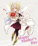  black_skirt blush boots bouquet drag-on_dragoon drag-on_dragoon_3 flower genderswap genderswap_(mtf) horns mikhail_(drag-on_dragoon) mother's_day open_mouth pantyhose personification shinzui_(fantasysky7) skirt smile solo white_hair yellow_eyes 