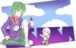  1girl bad_id bad_pixiv_id chibi food green_hair headphones hood hoodie kagerou_project kebab kido_tsubomi konoha_(kagerou_project) long_hair lutecia_syndrome open_mouth ponytail red_eyes sitting sky smile turtleneck white_hair 