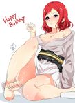  alp areolae barefoot blush breasts cleavage cup drunk feet happy_birthday japanese_clothes kimono love_live! love_live!_school_idol_project medium_breasts nishikino_maki off_shoulder purple_eyes red_hair sakazuki short_hair sitting smile solo sweat tokkuri 