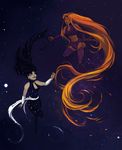  2girls alien black_hair dc_comics donna_troy fiery_hair flaming_hair flying long_hair multiple_girls red_hair space star starfire teen_titans thighhighs wonder_woman_(series) 