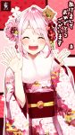  1girl 2019 ^_^ ^o^ bangs braid closed_eyes eyes_closed floral_print fur_collar fur_trim hands_up happy happy_new_year highres japanese_clothes kimono new_year obi original pig pink_hair sakuragi_ren sash short_hair side_braid side_bun sidelocks smile teeth wide_sleeves 