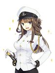  :d admiral_(kantai_collection) admiral_(kantai_collection)_(cosplay) blue_eyes breasts brown_hair cosplay double_bun gloves hao_(patinnko) hat highres kantai_collection katana kongou_(kantai_collection) large_breasts long_hair looking_at_viewer military military_uniform naval_uniform open_mouth peaked_cap simple_background smile solo sparkle sword uniform weapon white_background white_gloves 