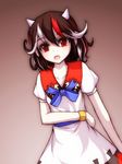  arm_around_waist bow bracelet collarbone dress eyelashes gradient gradient_background horns jewelry kijin_seija leaning looking_at_viewer multicolored_hair open_mouth pale_skin red_eyes sash short_sleeves simple_background solo streaked_hair touhou u-cha-py 