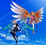  arm_cannon black_legwear blonde_hair blue_eyes boots day dodonpachi dodonpachi_daioujou dodonpachi_saidaioujou energy_wings espgaluda flying garter_straps highres lavender_hair long_hair maria_(saidaioujou) mechanical_wings multiple_girls shotia sky tatsumi_kei_(t_k) thigh_boots thighhighs weapon white_legwear wings 