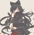  aaaabo asymmetrical_clothes black_hair blake_belladonna bow detached_sleeves eyeshadow floating_hair hair_bow japanese_clothes kimono long_hair makeup mask ninja petals rwby sash sepia_background solo yellow_eyes 