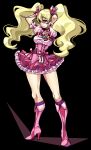  1girl arms_up black_background blonde_hair boots bow brooch choker closed_mouth corset cure_peach fresh_precure! frills full_body hair_ornament heart heart_hair_ornament high_heel_boots high_heels jewelry knee_boots legs long_hair looking_to_the_side magical_girl momozono_love ninomae pink_bow pink_eyes pink_footwear pink_neckwear pink_skirt precure puffy_sleeves simple_background skirt solo standing twintails wrist_cuffs 