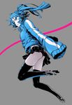 arm_at_side bangs black_legwear black_skirt blue_eyes blue_hair blue_jacket breasts digital_dissolve ene_(kagerou_project) facial_mark floating_hair from_below from_side full_body grey_background headphones jacket kagerou_project leg_up long_hair long_sleeves looking_at_viewer looking_down medium_breasts miniskirt missing_limb pale_skin parted_lips pleated_skirt shanpao skirt sleeves_past_fingers sleeves_past_wrists solo thighhighs track_jacket turtleneck twintails zipper 