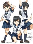  &gt;:) \o/ arms_up bangs black_hair blunt_bangs blush brown_eyes brown_hair flying_sweatdrops fubuki_(kantai_collection) hatsuyuki_(kantai_collection) kantai_collection kneehighs leg_up long_hair looking_at_viewer maruki_(punchiki) multiple_girls outstretched_arms pleated_skirt school_uniform serafuku shirayuki_(kantai_collection) short_hair short_sleeves simple_background skirt smile spread_arms squatting twintails twitter_username v v-shaped_eyebrows white_background 