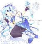  blue_eyes hat hatsune_miku long_hair pantyhose shiramori_sawa smile snowflakes solo suki!_yuki!_maji_magic_(vocaloid) thighs vocaloid wand witch_hat yuki_miku 