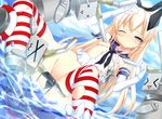  &gt;_&lt; :3 =_= anchor aqua_eyes black_panties blonde_hair blush breasts closed_eyes colorized elbow_gloves gloves hairband kantai_collection lifebuoy long_hair noumin one_eye_closed panties partially_submerged rensouhou-chan shimakaze_(kantai_collection) side-tie_panties small_breasts solo striped striped_legwear thighhighs torn_clothes torn_legwear toron_(mino106) underwear untied water white_gloves wince x3 