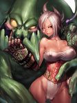  1girl bare_shoulders blush breasts brown_eyes cameltoe cleavage covered_nipples dark_skin fumio_(rsqkr) gauntlets groin large_breasts league_of_legends looking_at_viewer riven_(league_of_legends) short_hair silver_hair smirk thighs wide_hips zac 