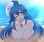 1boy 1girl areolae arin beret blue_eyes blue_hair breast_squeeze breasts censored female hat highres huge_breasts long_hair nipples ocean open_mouth outdoors paizuri pangya penis precum puffy_nipples solo solo_focus tongue water wedge wink 
