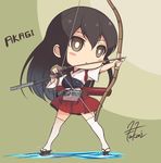  akagi_(kantai_collection) blush_stickers bow_(weapon) brown_hair character_name chibi drawing_bow fukai_ryousuke japanese_clothes kantai_collection long_hair muneate pleated_skirt signature skirt solo thighhighs weapon white_legwear zettai_ryouiki 