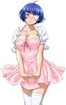  1girl blue_hair breasts dress eyepatch green_eyes ikkitousen large_breasts official_art ryomou_shimei short_hair simple_background smile solo standing white_background 