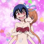  2girls animated animated_gif blue_hair bouncing_breasts bow breasts brown_eyes brown_hair multiple_girls nisekoi red_eyes ribbon short_hair swimsuit tachibana_marika tsugumi_seishirou tubetop yuri 