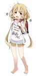  anger_vein angry backpack bag barefoot blonde_hair blush brown_eyes clothes_writing d: engrish full_body futaba_anzu idolmaster idolmaster_cinderella_girls ixy long_hair looking_at_viewer low_twintails open_mouth randoseru ranguage shirt simple_background solo t-shirt twintails v-shaped_eyebrows white_background 