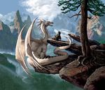  ciruelo_cabral clothed clothing detailed_background dragon duo feral human male mammal outside scalie scenic_view size_difference teeth tree white_scales wings young 