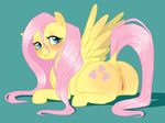  anus blue_eyes blush butt cute cutie_mark dontfapgirl equine female feral fluttershy_(mlp) friendship_is_magic fur hair long_hair looking_at_viewer looking_back mammal my_little_pony pegasus pink_hair plain_background pussy smile solo wings yellow_fur 