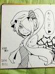  1girl :3 ascot bust dated enami_hakase flandre_scarlet hair_over_one_eye hat long_hair long_sleeves monochrome photo ribbon shikishi side_ponytail signature simple_background solo touhou traditional_media translated upper_body wings 