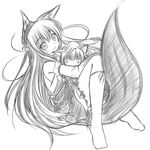  animal_ears bell fox_ears fox_tail greyscale highres jingle_bell long_hair looking_at_viewer minaha_(playjoe2005) monochrome original simple_background sketch smile solo tail tamani_wakashi very_long_hair white_background 