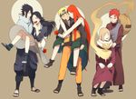  3girls black_hair blonde_hair carnation carrying closed_eyes flower forehead_protector gaara gourd grin happy karura_(naruto) long_hair mother's_day mother_and_son multiple_boys multiple_girls naruto naruto_(series) naruto_shippuuden oba-min piggyback princess_carry red_carnation red_flower red_hair sand short_hair smile uchiha_mikoto uchiha_sasuke uzumaki_kushina uzumaki_naruto what_if 