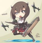  aircraft airplane bike_shorts black_legwear blush blush_stickers brown_eyes brown_hair character_name chibi flat_chest fukai_ryousuke hair_between_eyes headband headgear kantai_collection open_mouth pleated_skirt short_hair signature skirt solo taihou_(kantai_collection) thighhighs 