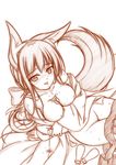  animal_ears blush bow breast_hold breasts fox_ears fox_tail hair_bow highres himeka_chiyako long_hair looking_at_viewer medium_breasts minaha_(playjoe2005) monochrome nipples original simple_background smile solo tail white_background 