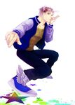 absurdres amano_(as-11121574-kikasa) bad_id bad_pixiv_id blonde_hair bubble caesar_anthonio_zeppeli contemporary facial_mark highres jacket jojo_no_kimyou_na_bouken letterman_jacket male_focus shoes sneakers solo winged_shoes wings 