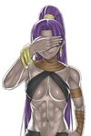  abs asashin_(kazami-tomo) assassin_(fate/zero) bad_id bad_pixiv_id bracelet breasts covering_eyes dark_skin earrings fate/zero fate_(series) female_assassin_(fate/zero) hoop_earrings jewelry large_breasts long_hair midriff ponytail purple_hair solo toned underboob 