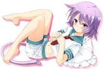  barefoot cat_tail feet frilled_pillow frills full_body kantai_collection kemonomimi_mode looking_at_viewer midriff neckerchief noa_(nagareboshi) pillow purple_hair red_eyes school_uniform short_hair short_sleeves shorts simple_background solo tail tama_(kantai_collection) toe_scrunch white_background 