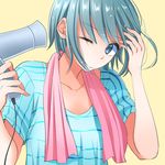  ;| alternate_costume blue_eyes blue_hair cable casual drying drying_hair hair_dryer mahou_shoujo_madoka_magica miki_sayaka one_eye_closed shirt short_hair short_sleeves simple_background solo striped striped_shirt suzunosenchi t-shirt towel upper_body wince wind yellow_background 