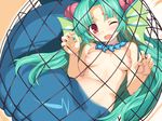 blush breasts captured game_cg green_hair in_net jewelry long_hair looking_at_viewer medium_breasts mermaid monster_girl navel necklace net nipples nude one_eye_closed open_mouth rance_(series) rance_01 red_eyes restrained solo wince 