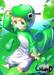  aile_(crossroads) animal_costume barefoot blonde_hair blush caterpillar character_request green green_eyes leaf long_sleeves mouth_hold short_hair sitting solo unleashed 